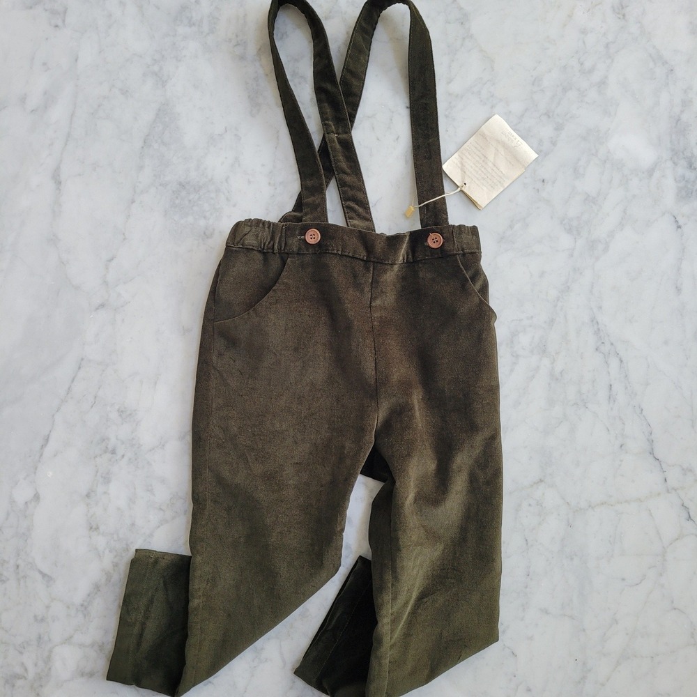 Popelin Kids Moss Green Velvet Trousers with Straps Size 3-4Y NWT Spain
